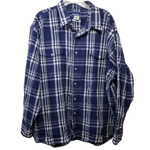 Wrangler 3X Blue White Plaid Snap Down Shirt Western Rodeo Rockabilly Retro - Picture 1 of 5